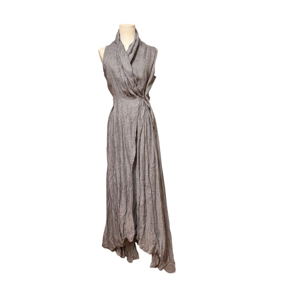 Puro Lino Grey Linen Italian Wrap Dress Gathered Collar - Large (fits S/M)